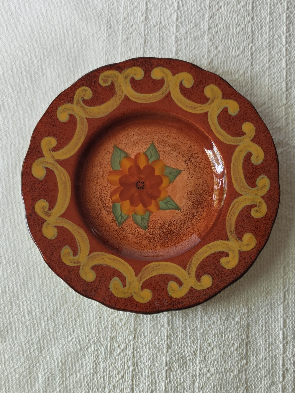 Hand-Painted Orange Floral Ceramic Serving Plate